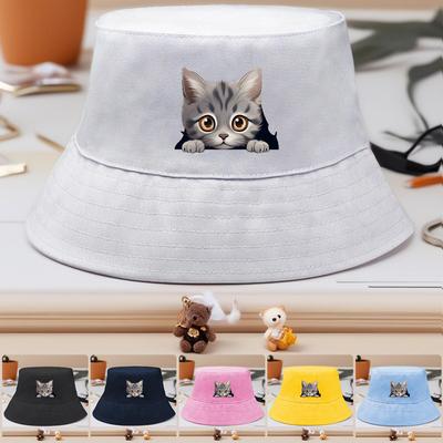 Bucket Hat With Cartoon Kitten Print , Fisherman Hat Fashion Spring Sun Protection Beach Cap