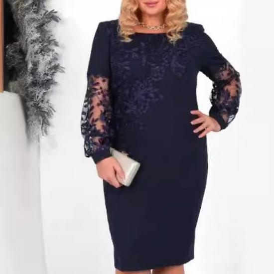 Plus Size Lace Patchwork Print Long Sleeve Dress for Women