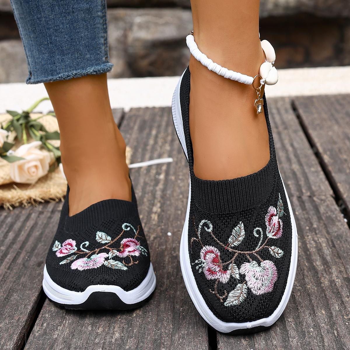 

Soft Sole Knit Sneakers for Women Slip on Flat Mom Shoes Spring/autumn Breathable Comfortable Mesh Flower Embroidered Shoes 42 чёрный