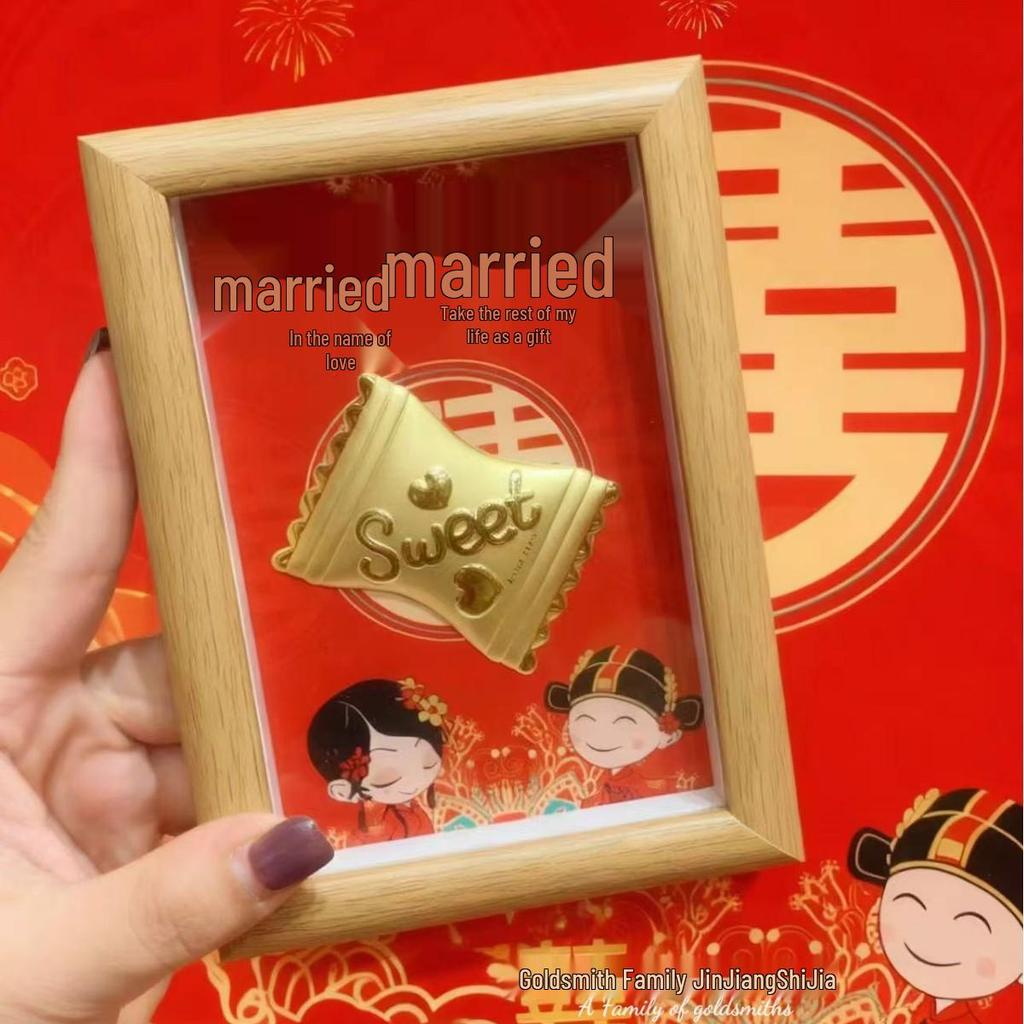 Shuibei 999 Pure Gold Money Ornament Pair - Wedding Candy & Photo Frame Gift Set for Friends