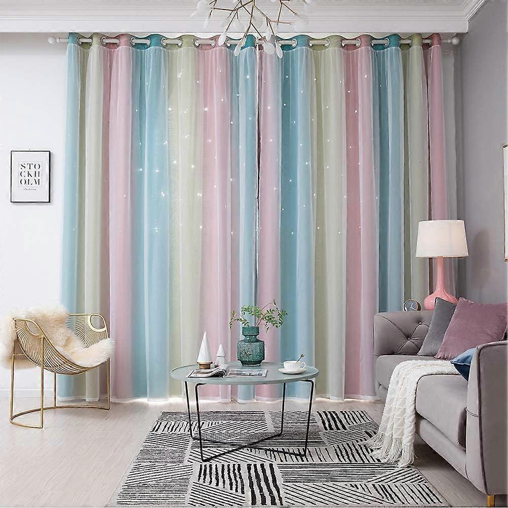1 Panel Star Curtains Stars Blackout Curtain for Kids Girls Bedroom Dining Room, Rainbow Full Colors Double Layer Star Gradient Grommet Window Curtain