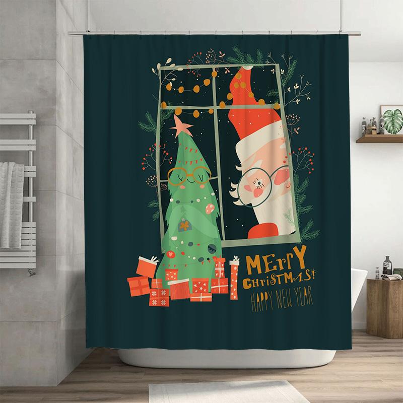 

Tu Christmas Shower Curtain Merry Christmas Holiday Festive Pattern Waterproof Decor Bathroom Fabric Xmas Backdrop W60H190(CM)-1 Pcs