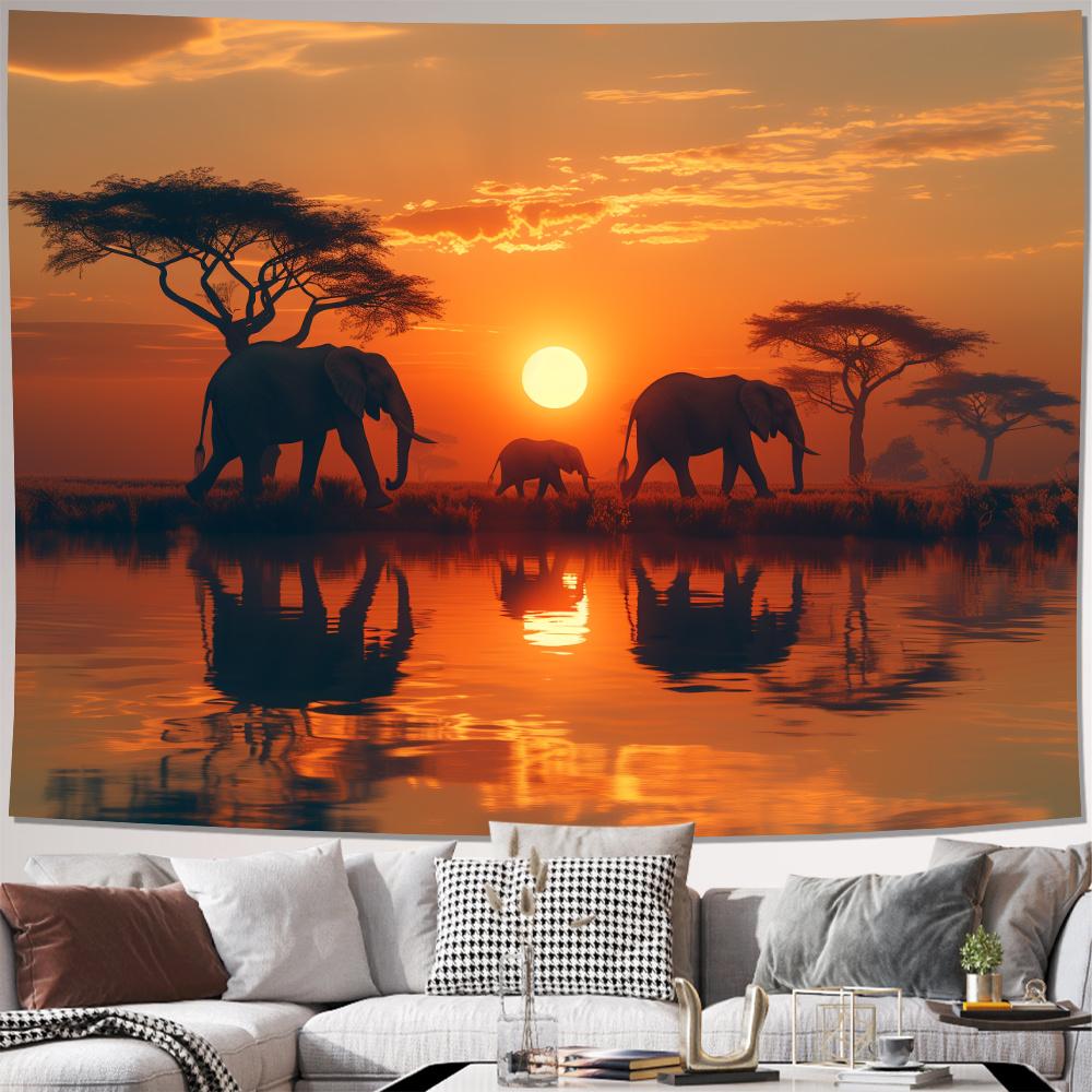 African Elephant Sunset Tapestry 2D Digital Print Polyester Wall Hanging Living Room Bedroom Office Decor with Hooks