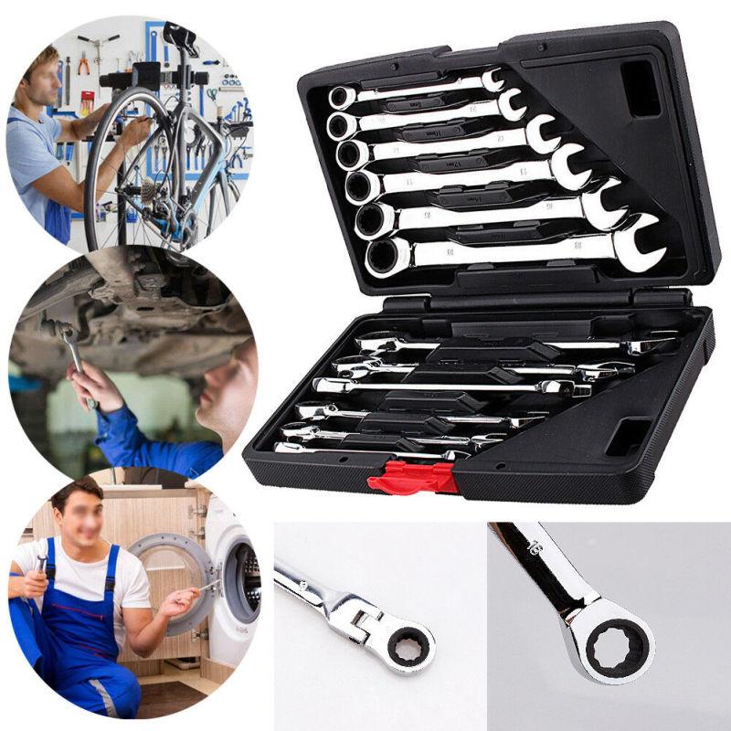 12Pcs/Set Metric Flexible/Fixed Spanners Ratchet Wrench Polished Tool Kit 8-19mm