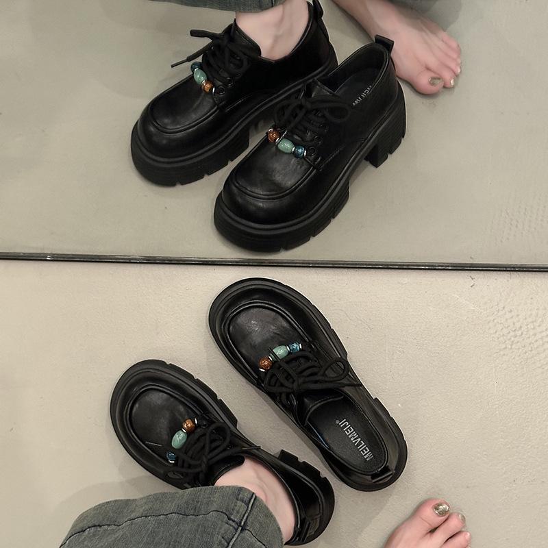 Retro round head beaded small leather shoes women's 2025 early autumn new versatile British style platform lace-up loafers