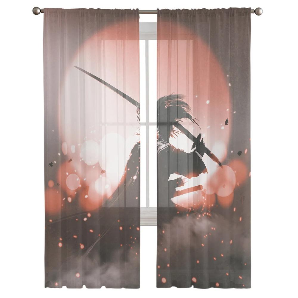 Japanese Anime Character Bushido Translucent Drapes ideal for Living Room Kitchen Tulle Windows Voile Yarn Curtains ideal for Bedroom Space Decor