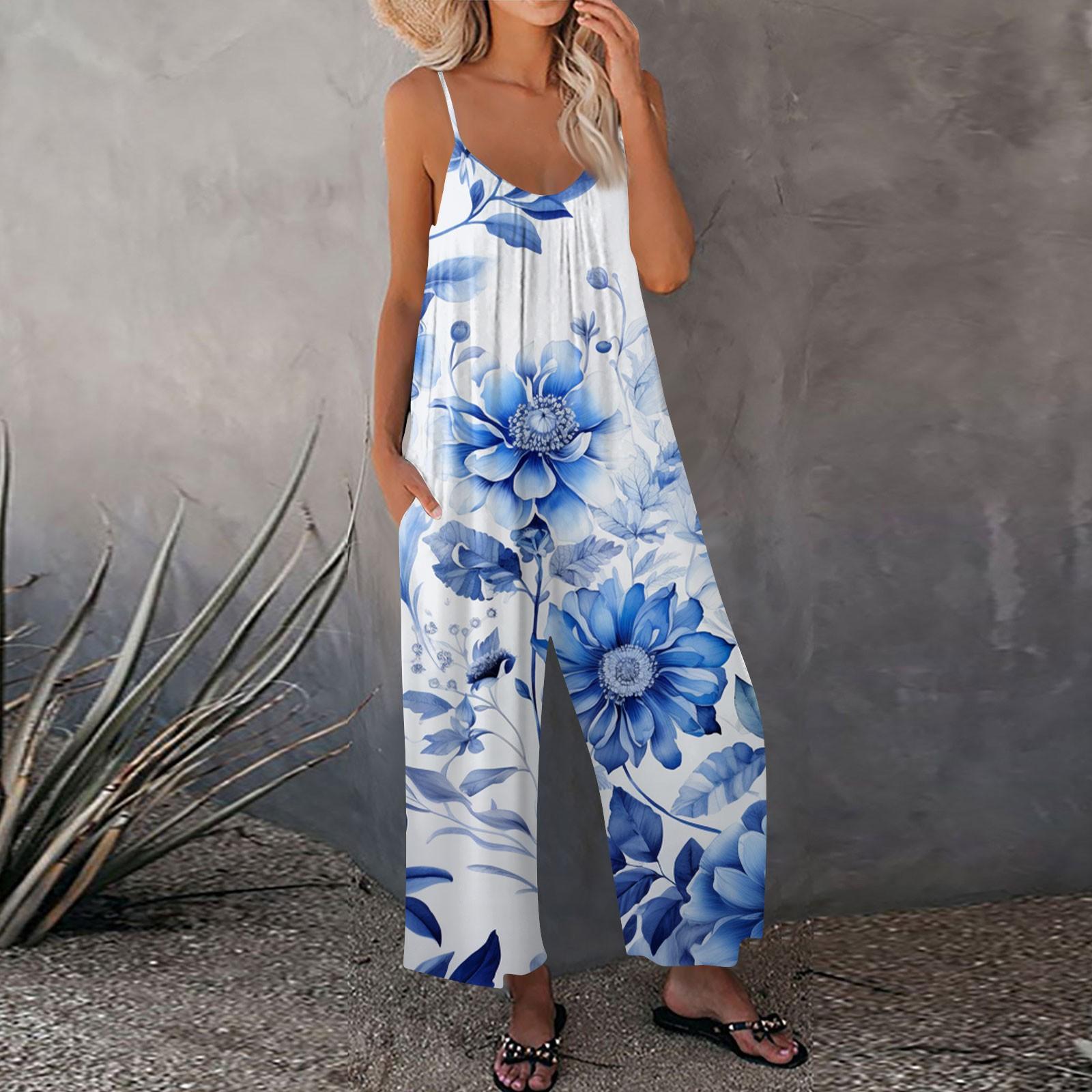 

Женский комбинезон с цветочным принтом, повседневный свободный комбинезон с регулируемыми подтяжками XL