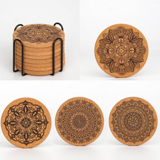 8Pcs Cork Coasters with Rack Round Retro Coasters Absorbent Heat-Resistant Table Mats Insulated Dining Placemats for Table Protection