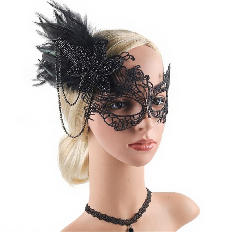 Elegant Vintage Rhinestones Feather Lace Mask For Halloween Balls Stage Performances Soft Costume Accessory