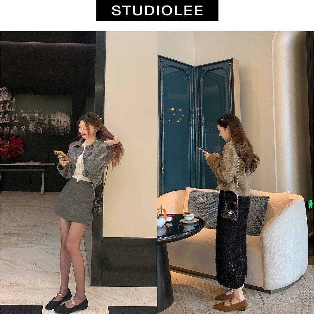 Sheepskin version~ Grape mother same banquet French small square head gold coin chain shallow mouth flat bottom Mary Jane single shoe women