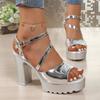 Fashion Gold Silver Wedding Women Platform Sandals High Chunky Heels Mirror PU Sexy Casual Party Lady Ankle Strap Gladiator Shoes