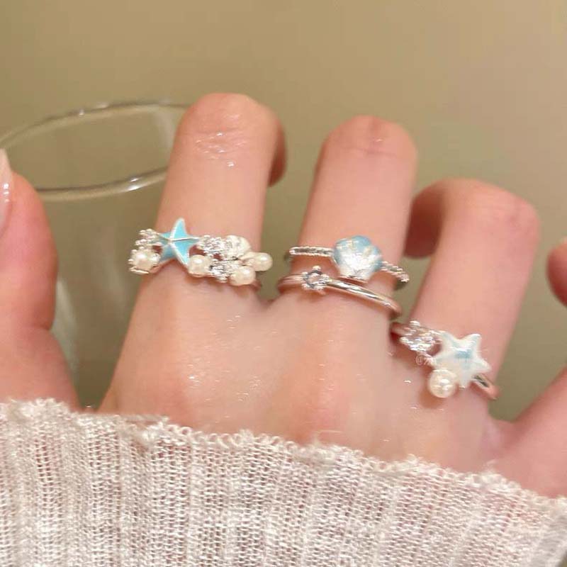Sweet Blue Starfish Shell Rings for Women Fashion Imitation Pearl Open Rings Summer Seaside Vacation Jewelry Accessories