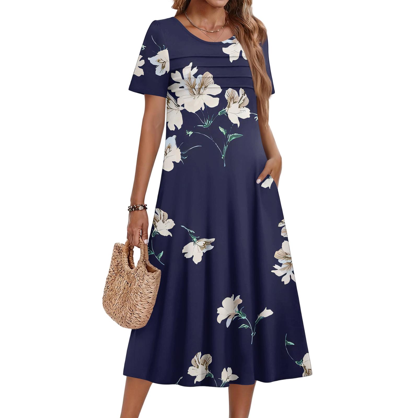 

Ladies Floral Printed Casual And Fashionable Short Sleeved Round Neck Dress S Темно-синій