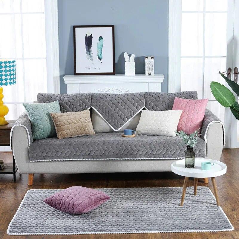 Autumn Winter Sofa Cushion Crystal Velvet Cushion Warm Non-Slip Comfort Couch Cover Solid Color Sofa Cover Towel Back Cushion