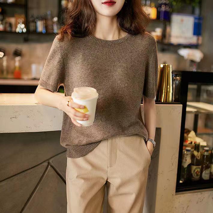 

Женский модный вязаный топ - Свободный крой, Прямые плечи, Круглый вырез, Рукав до середины предплечья (Лето 2025 г.) Triple Extra Large