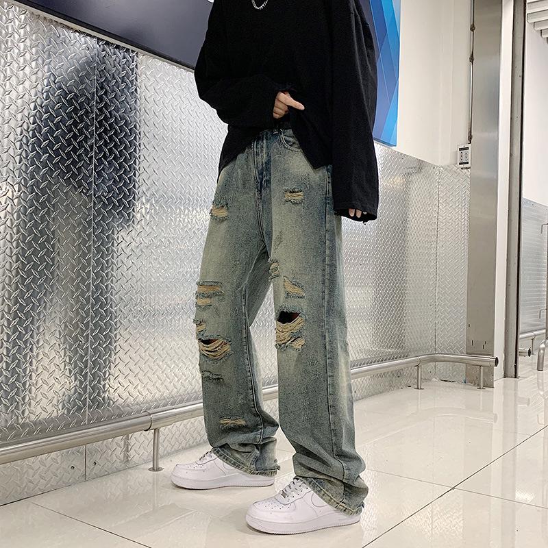 Summer Street Retro Ripped Washed Straight-Leg Jeans for Men and Women