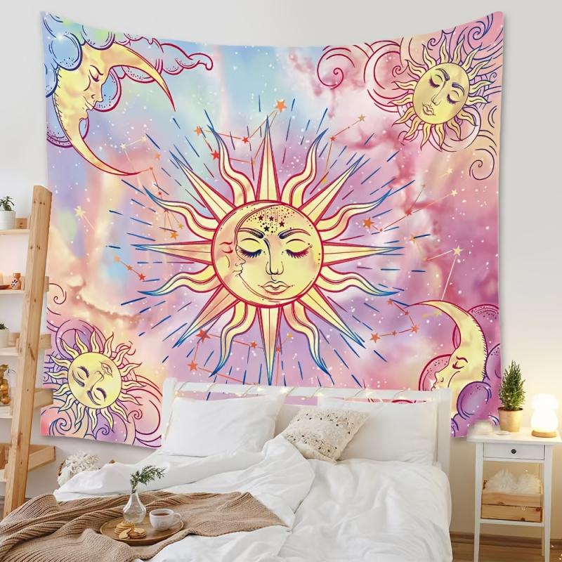 VIKAMA Pink Purple Sun Moon Star Tapestry Bohemian Style Cosmic Nebula Dreamy Girl Style Living Room Decoration