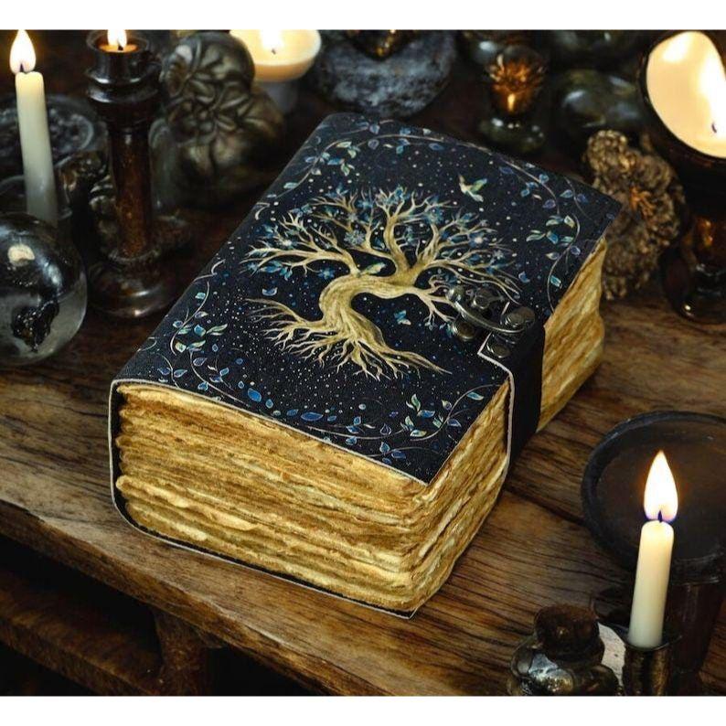 200  Page Large Grimoire Vintage Leather Journal, Tree of Life Fat Journal, Blank Spell Book of Shadows Celestial Gifts For Him Her
