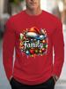 Men's Red Christmas Themed Long Sleeve T-Shirt with "We Are Family" Santa Hat and Ornament Print, Festive Casual Top