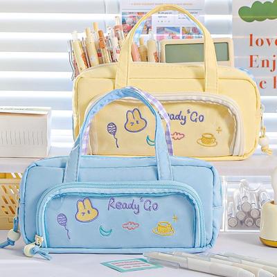 1pcs Double-side Color Blocked Pencil Bag Pen Case, Hitting Colors Cute Embroidery Handle Storage Pouch for Stationery