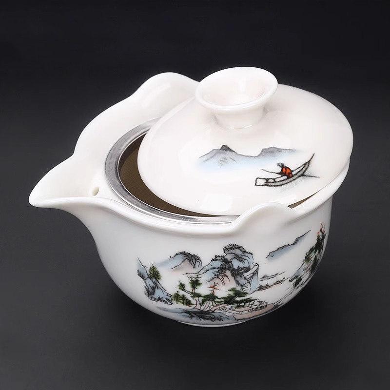 Anti-scalding teapot ceramic cover bowl large tea cup Kung Fu tea set Sancai Pu'er tea bowl hand-held teapot white porcelain