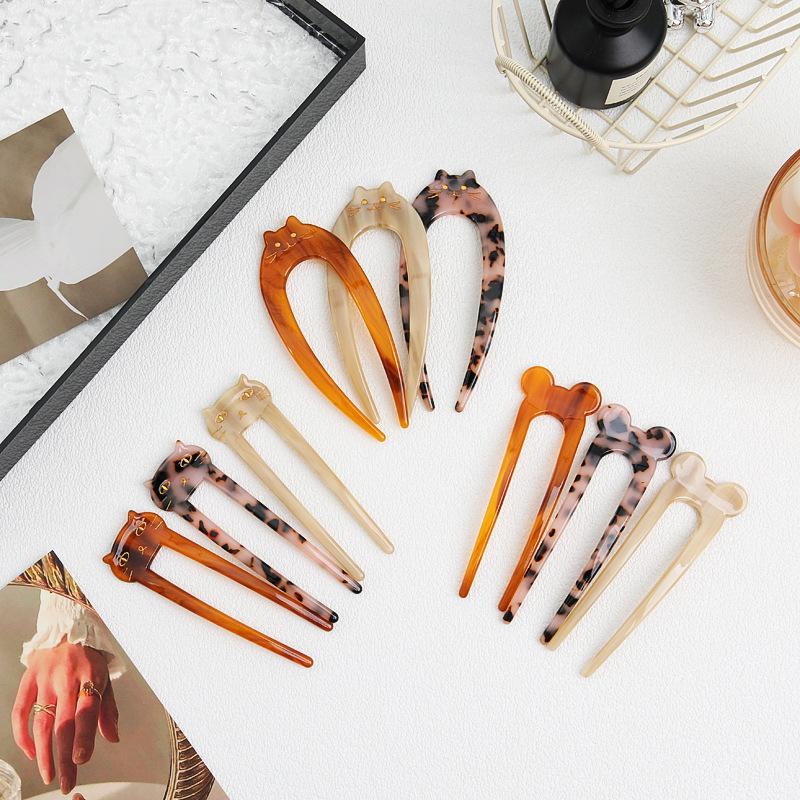 French Retro Cat U-Shaped Hairpin: Large, Elegant Acetate for Women