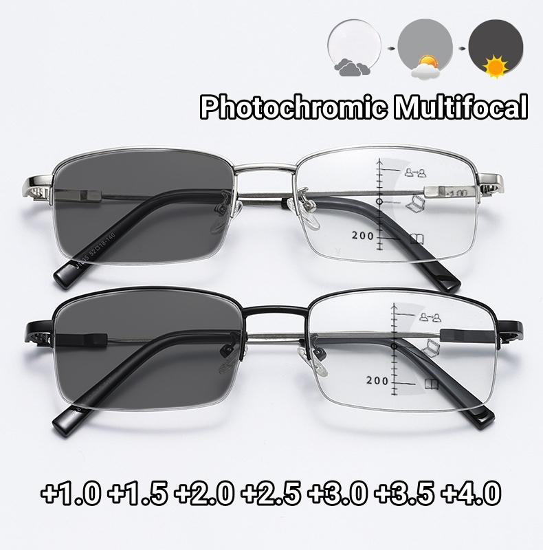 Photochromic Multifocal Reading Glasses Metal Half-Frame Anti-Blue Light Presbyopia Glasses Men Business Farsighted Eyeglasses