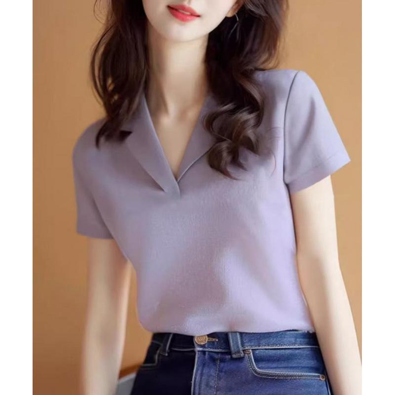 New Design Summer Temperament Top Purple Slim-fit Front Shoulder Short-sleeved T-shirt Women's Summer