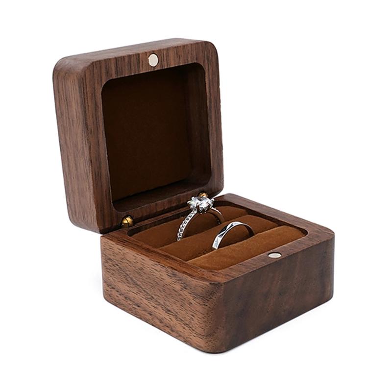 Multifunctional Small Jewelry Box Square Shape Organizer Mini Wooden Ring Box Soft Interior Holder for Proposal Wedding