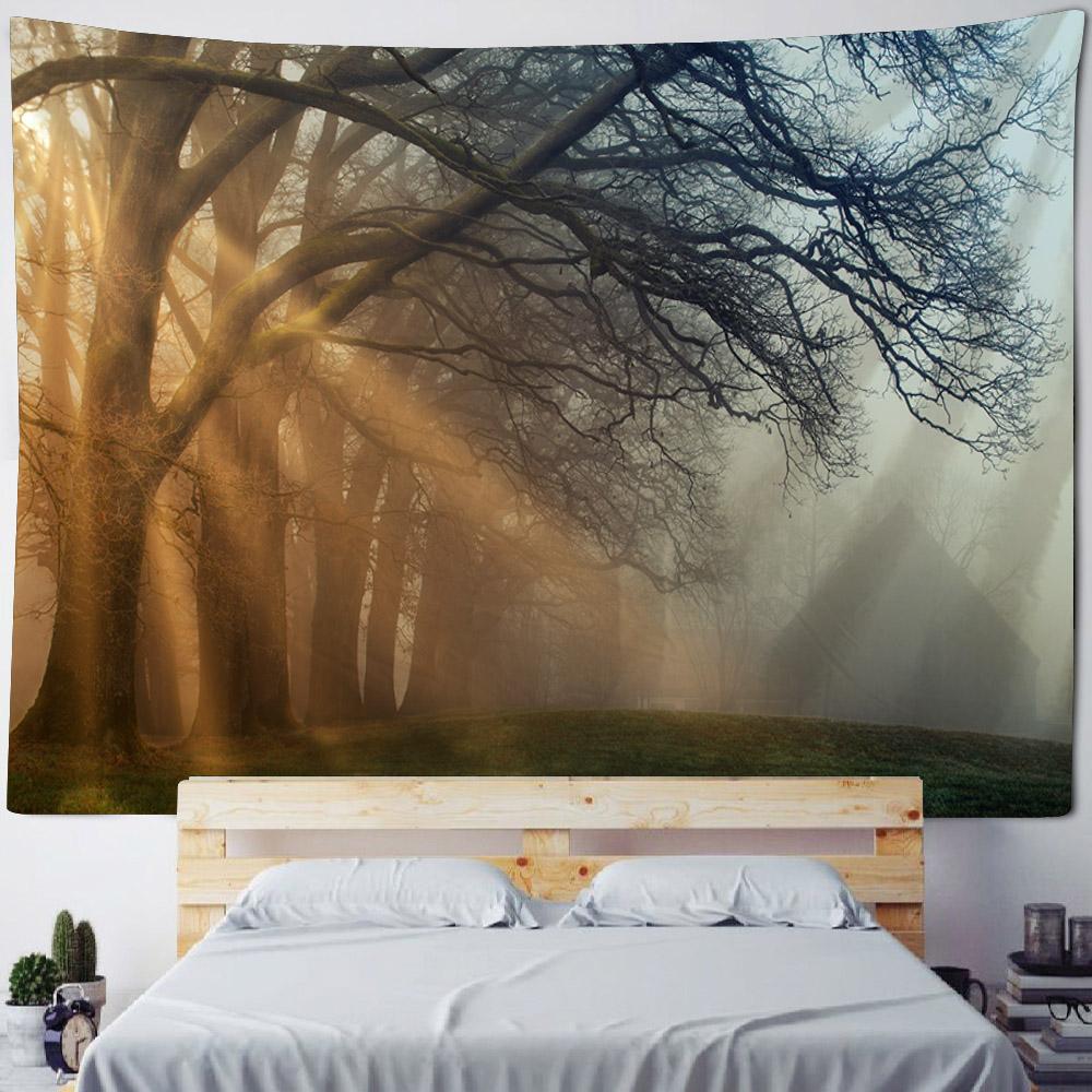 Beautiful Forest Tapestry Mist Jungle Landscape Wall Hanging Bohemian Fabric Decorative Carpet Home Room Background Poster