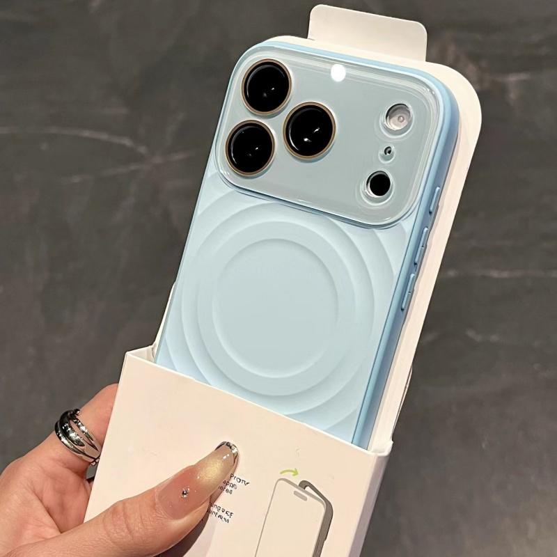 Luxury Solid Color Glossy Camera Case For iPhone 17 16 15 Pro Max For Magsafe Magnet Liquid Wave Pattern Shockproof Candy Cover