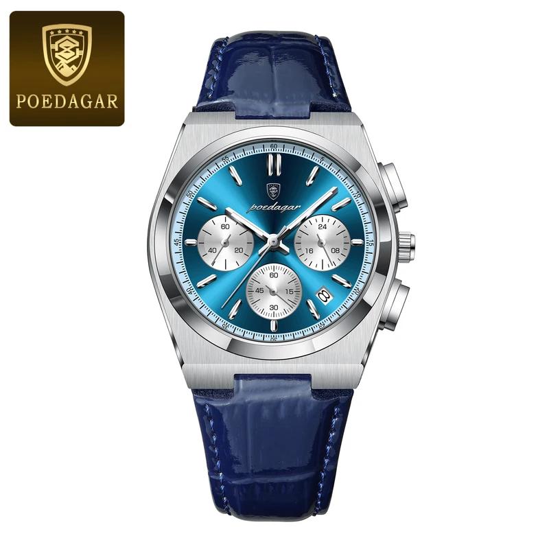 POEDAGAR Luxury Watch For Men Leather Sports Military Man Watch Waterproof Luminous Chronograph Date Quartz Men's Watches