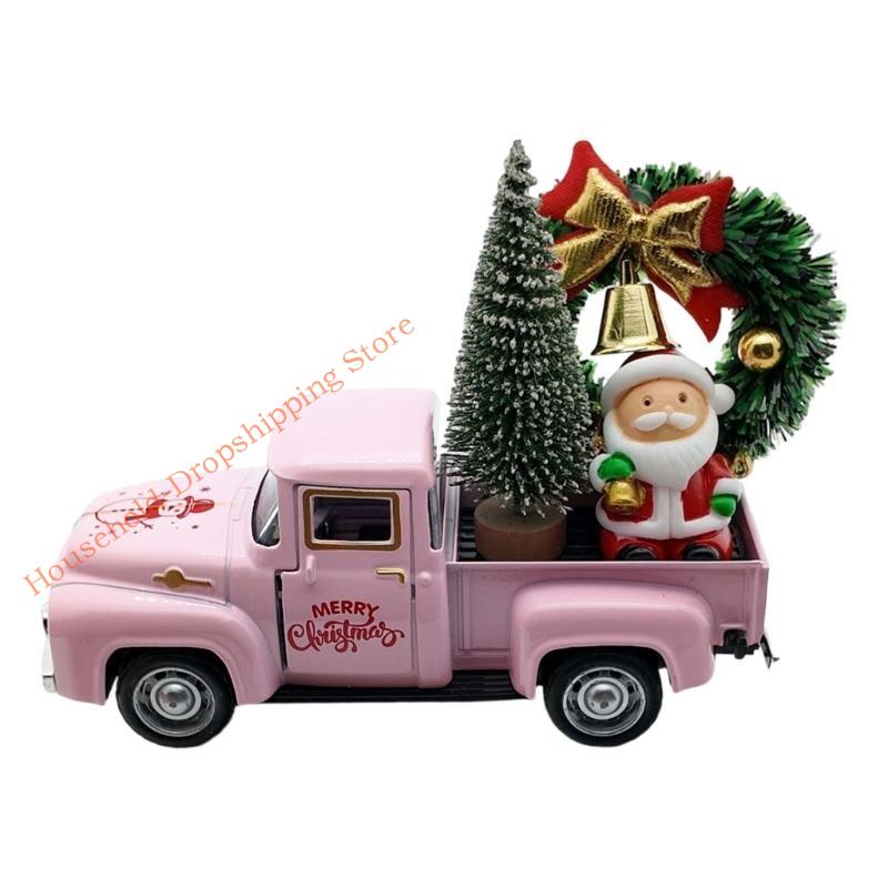 Christmas Farmhouse Truck Decor,Christmas Decorations for Home Holiday Metal Pickup Truck Car Model with Wreath/Tree Santa Christmas tree розовый