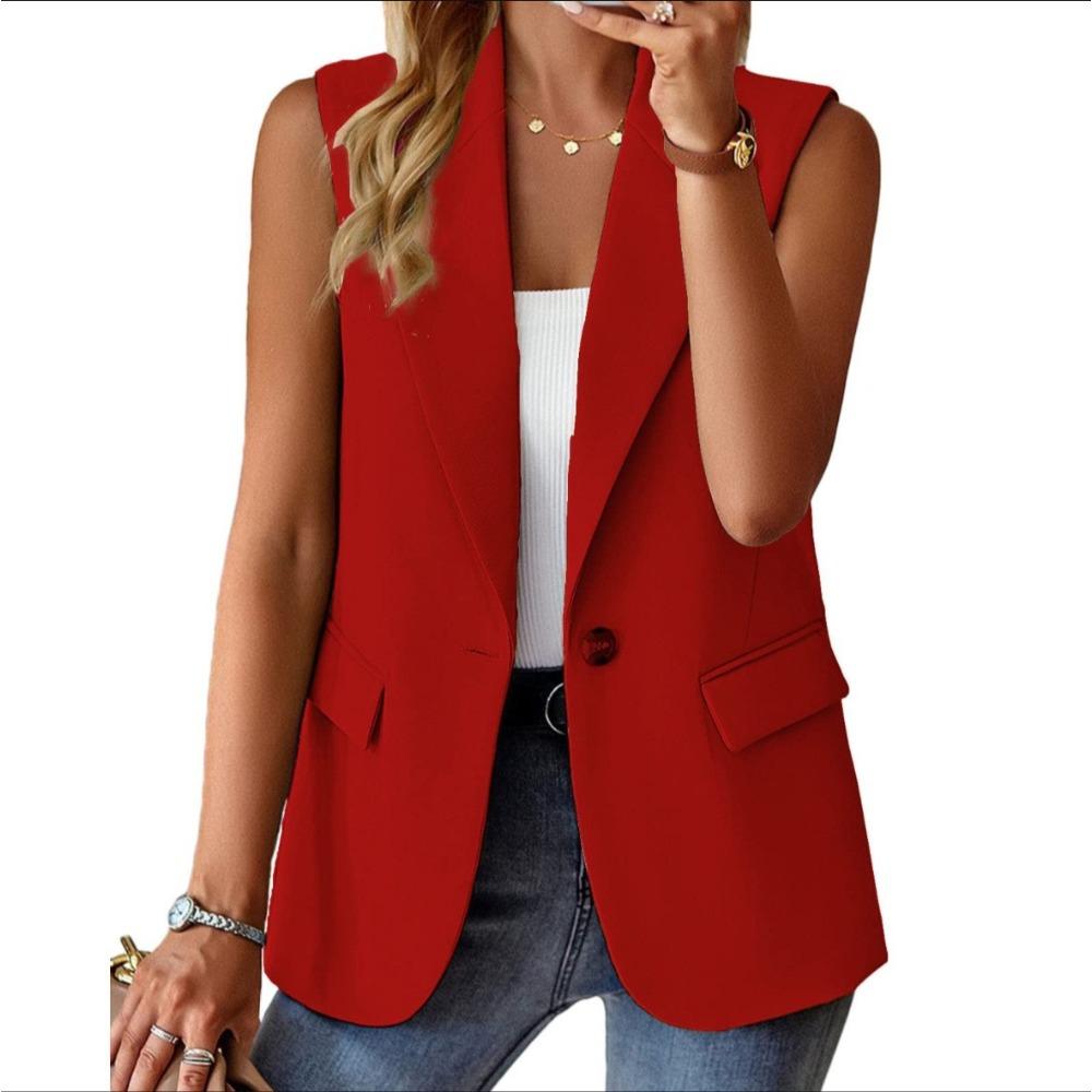 Damen Blazer Ärmellos mit Revers Kragen Schmale Passform Elegant Polyester Weste Ein Knopf Einfarbig Büro Oberteil