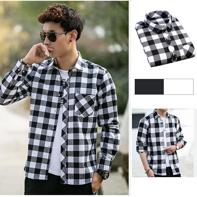 [PAFHL] shirt men's check tops casual long sleeve spring autumn Thin short big size Fashionable adult simple Going out trip M-3XL (Navy, 2XL)