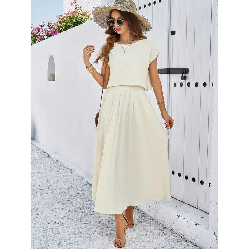 

Tank Top and Skirt Set Fashion Temperament Leisure Pure Color Sleeveless Vest Tops Skirt Suit Beige White XL