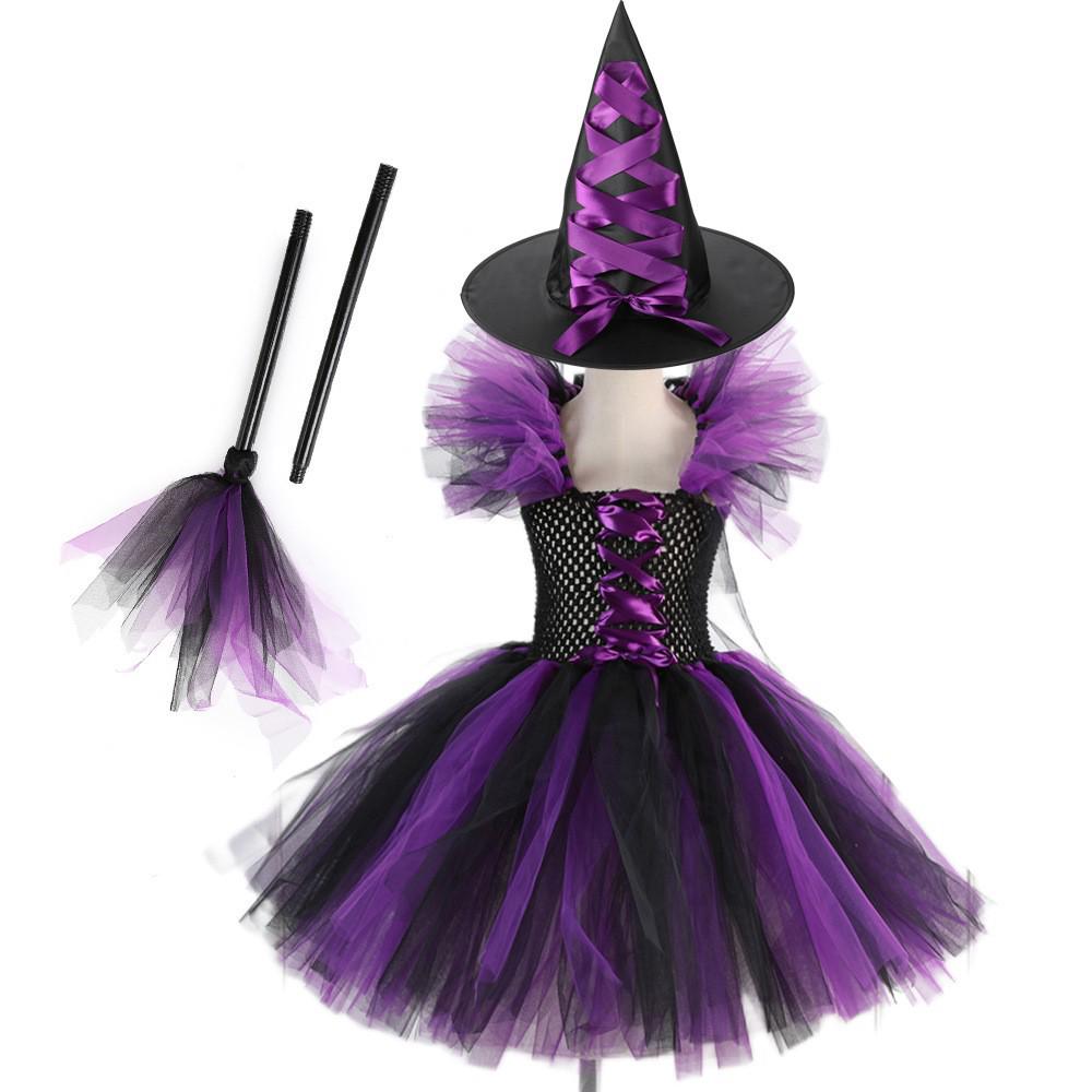 Tutu Dress Witch Costume Set for Kids with Hat and Broom - Halloween and Cosplay Outfit