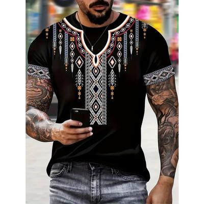 Digital Print Short Sleeve Crew Neck T-Shirt Men Unique Ethnic Breathable Fabric Relaxed Fit Summer Outdoor Essential Holiday Casual Wear