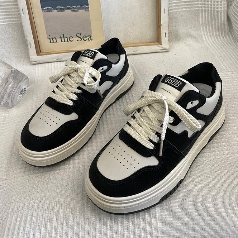 

2025 autumn new thick-soled round head board shoes girls retro color matching lace-up sports single shoes black and white casual shoes women 35 чёрный