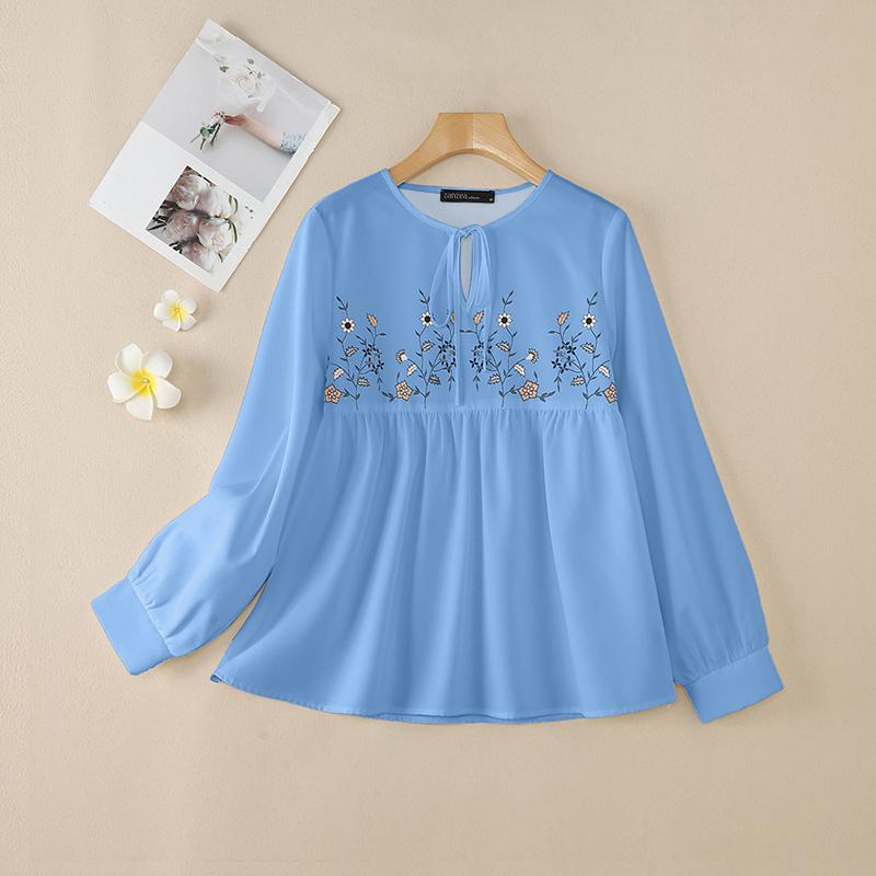 

ZANZEA Женская повседневная свободная блузка с V-образным вырезом, длинным рукавом и принтом M синий