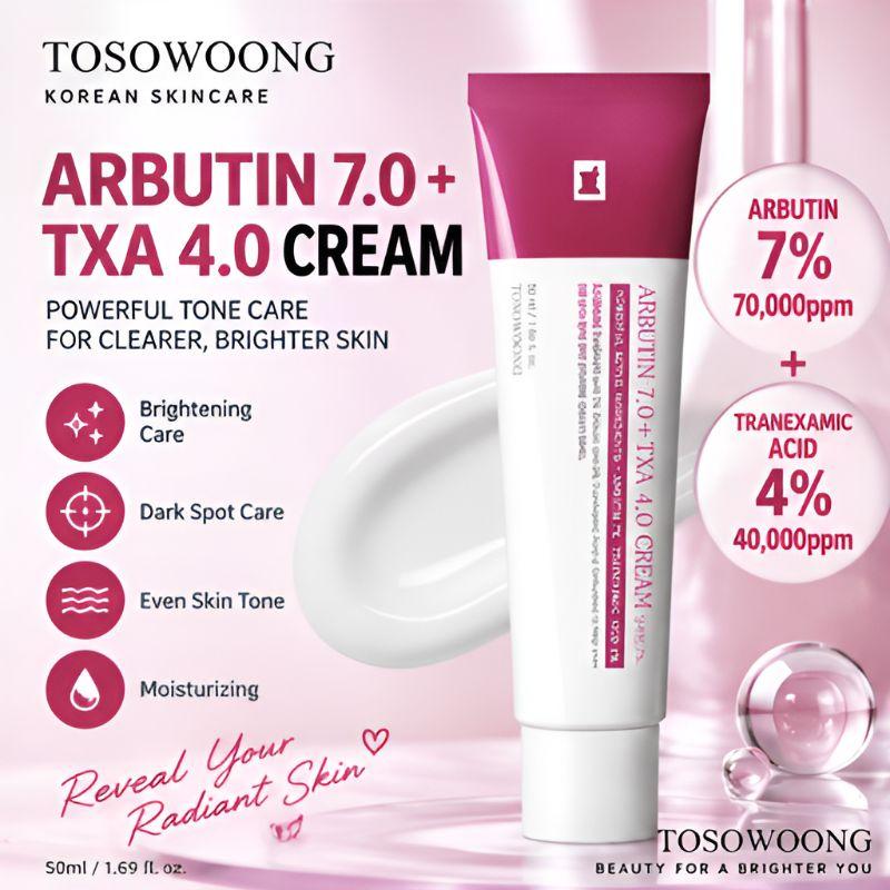 TOSOWOONG Arbutin 7% + Tranexamic Acid 4% Cream Dark Spot Brightening Uneven Skin Tone Care 50ml