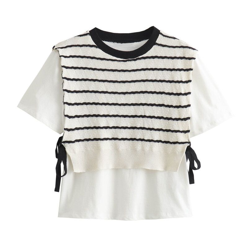 Fashion Style 2024 Summer New Arrival Women's Clothing Stylish Casual Easiest for Match round Neck Patchwork Stripes T-shirt 5644340