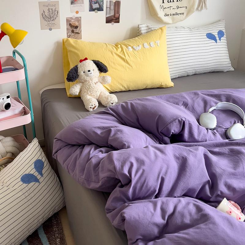 INS Purple Bedding Set Girls Soft Washed Cotton Embroidery Bed Sheet Set Queen King Size Duvet Cover Set With Pillowcases