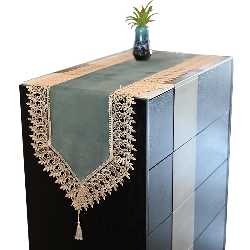Peacock Green Velvet Table Runner with Gold Lace - Modern Nordic Design for Dining or Coffee Tables