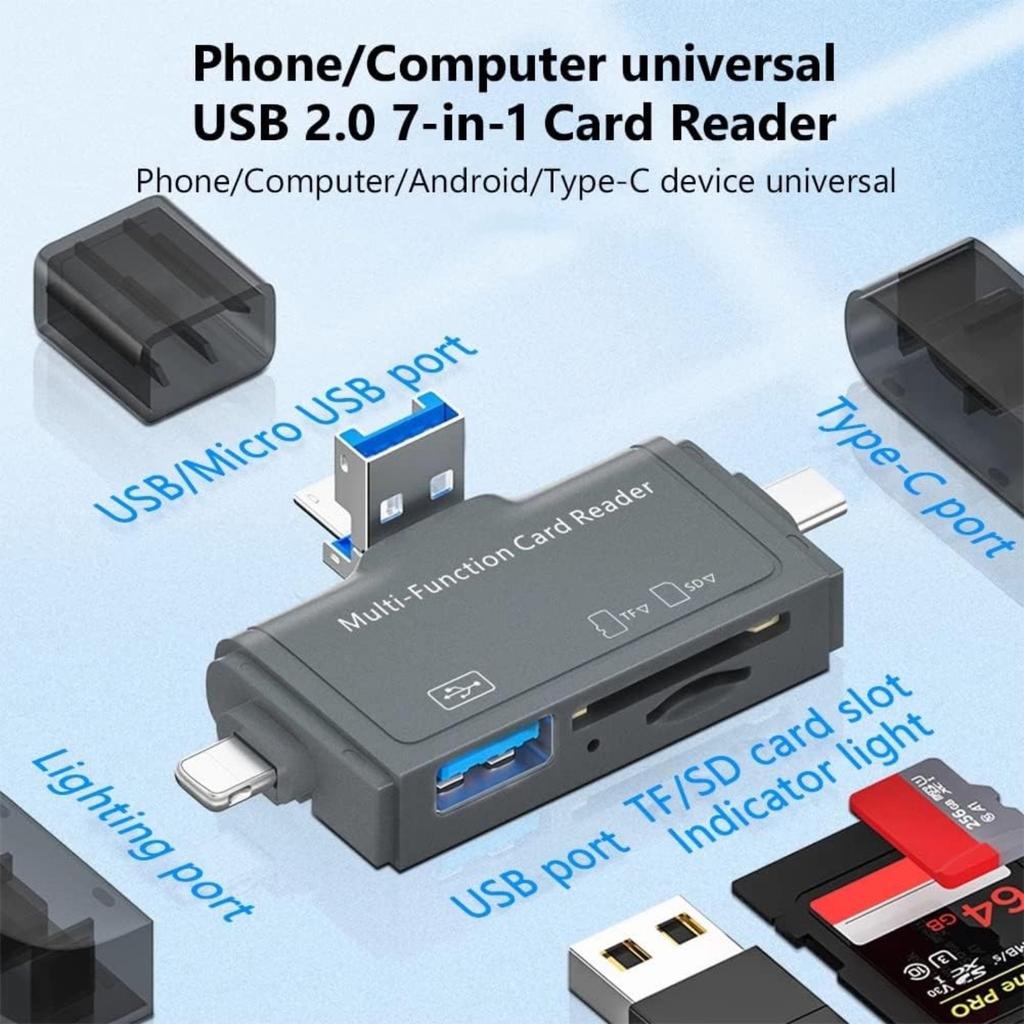 7 in 1 USB 2.0 SD Card Reader USB C Card Reader TF/Mirco SD Smart Memory Type C Lighting OTG Flash Drive Cardreader Adapter for Digital Secure Phone