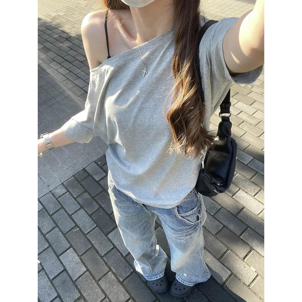 No Price Reduction #Irregular Pure Desire Slanted Shoulder Short-sleeved T-shirt Ins Trendy Loose and Thin Solid Color Chic Top Women's Summer