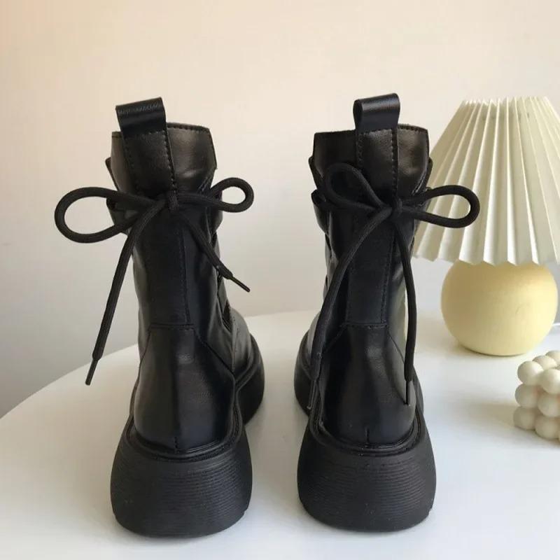 Black Knitted Lace-up Riding Boots Female 2025 Designer's New Spring and Autumn Boots Thick-soled British Wind Locomotive Boots