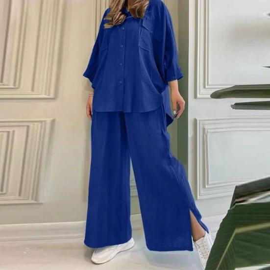 Women's Cotton Linen 2 Piece Outfit Button Down 3/4 Sleeve Shirts And Slit Wide Leg Pants Set Casual Loose Lounge Tracksuit