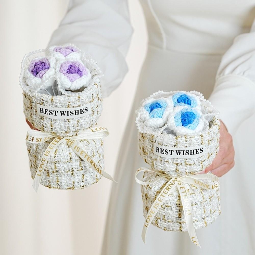 Creative Graduation Gift Crochet Flowers Bouquet Handmade Home Decor Rose Flowers Bouquet Mini Puff Flower Bouquet Mothers' Day