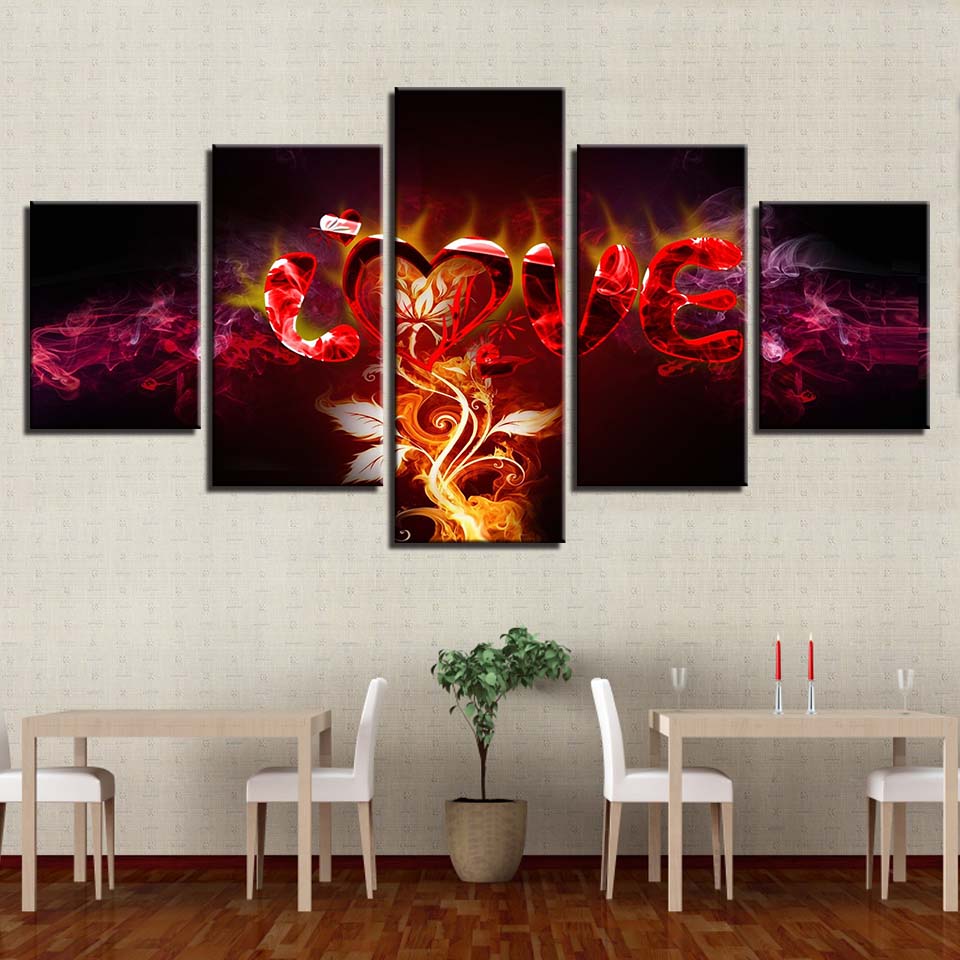 Modern HD Printed Wall Art Framework Canvas Pictures 5 Pieces Abstract Flame Vine LOVE Paintings Posters Home Decor Living Room